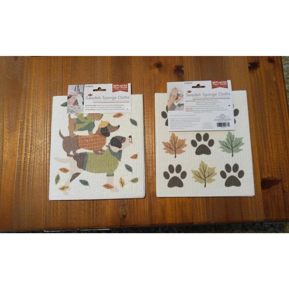 New! 4-Pack Ritz Swedish Sponge Cloths 6.7 x 8 - Dogs, Leaves and Paw Prints